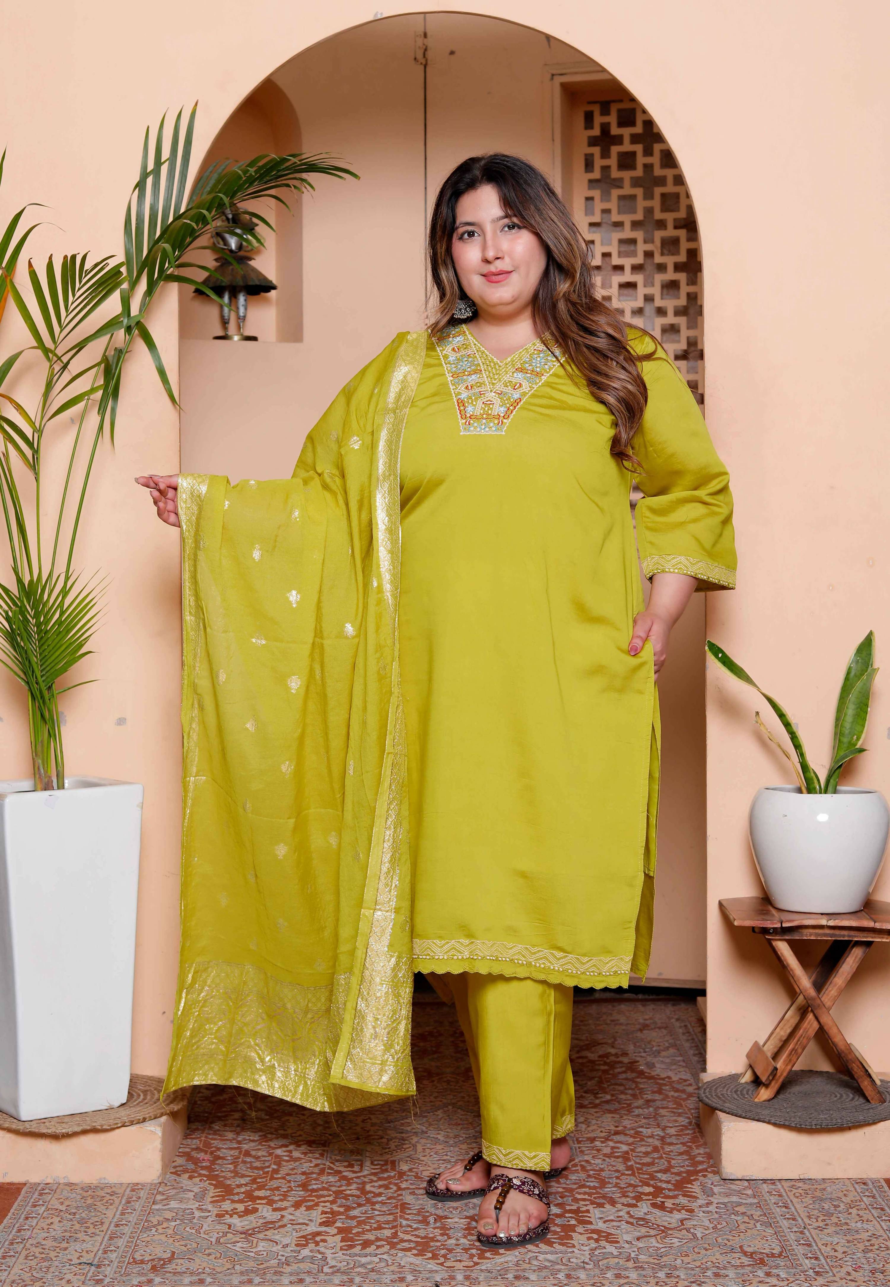 Miravan Womens Plus Size Muslin Yellow Kurta and Palazzo with Dupatta Set - Distacart