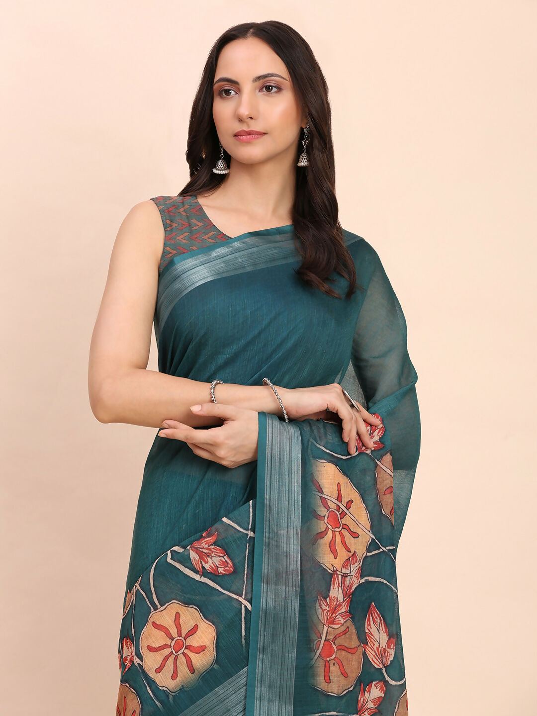 Shree Shyam Fashion Linen Cotton Teal Blue Saree - Distacart