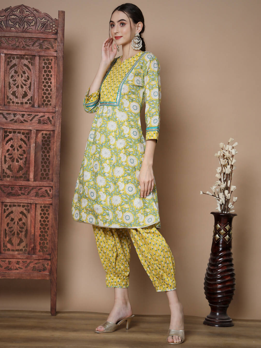 Myshka Women's Yellow A-Line Kurta & Salwar With Dupatta