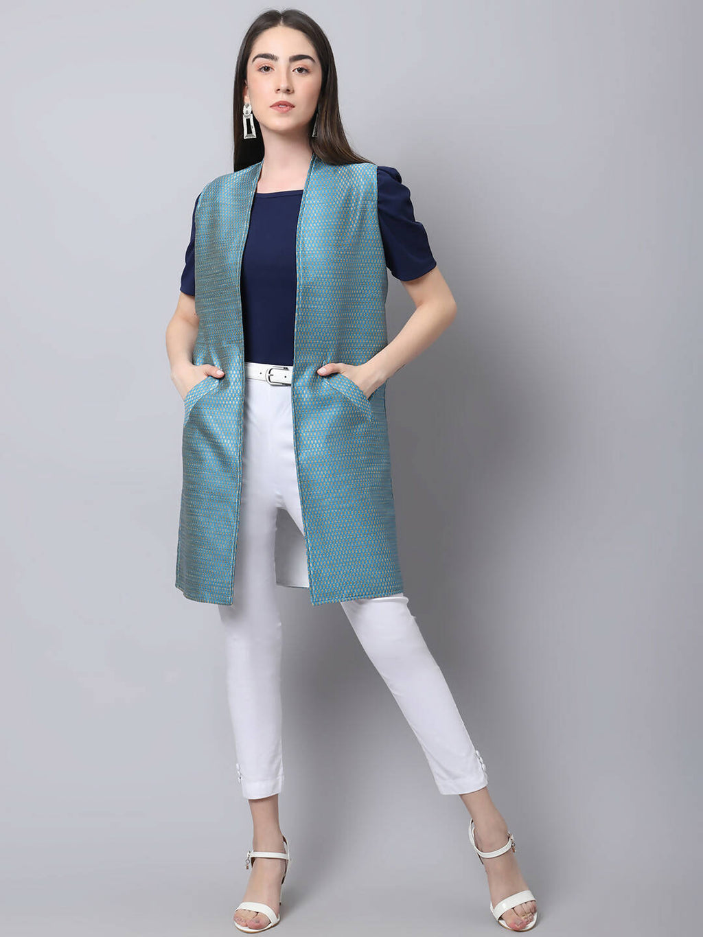 Even Apparels Blue Bansari Silk Open Front Women's Long Coat - Distacart