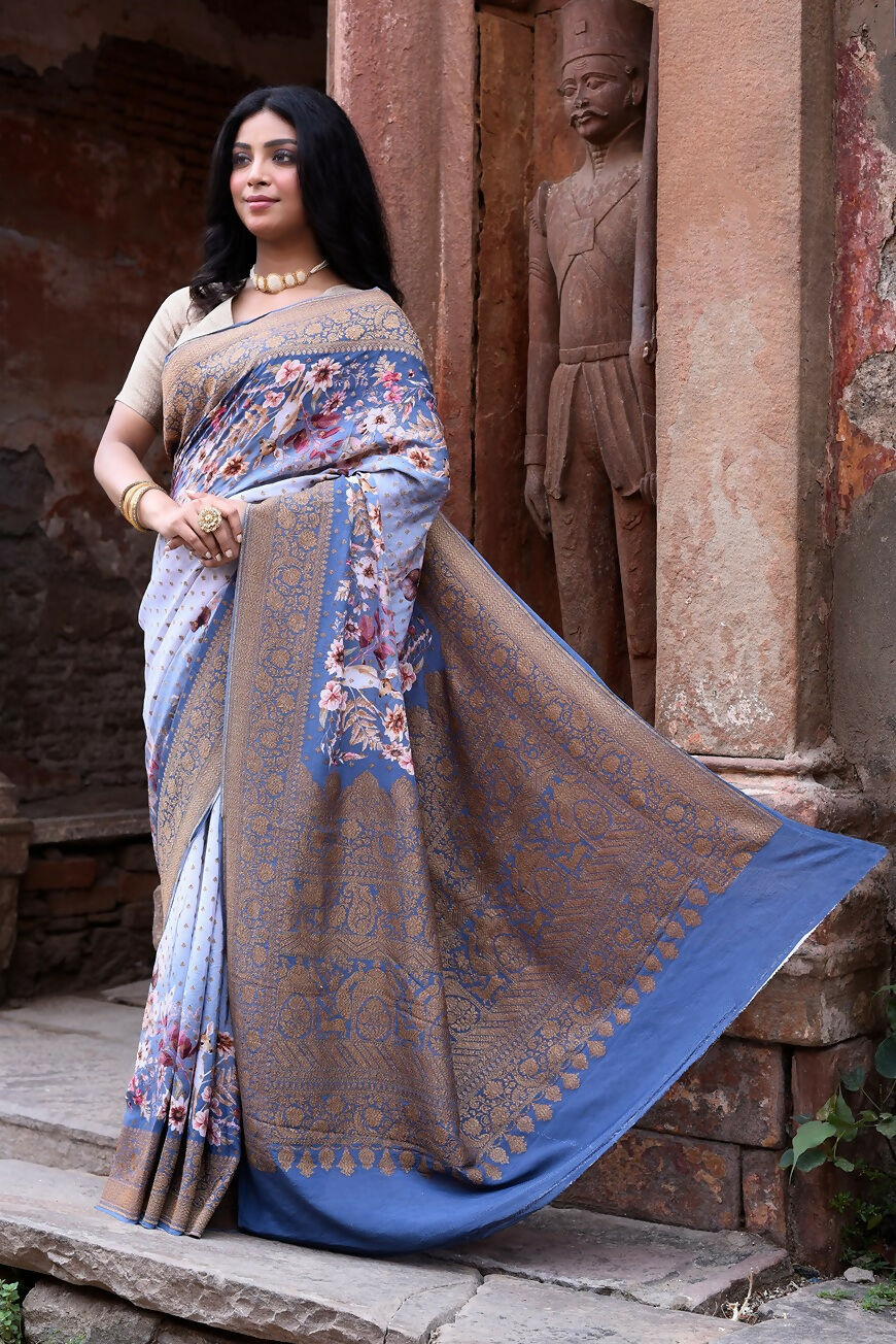 Joban Fashion Dusty Blue Crepe Chiffon Pure Handloom Banarasi Silk Saree