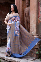 Joban Fashion Dusty Blue Crepe Chiffon Pure Handloom Banarasi Silk Saree