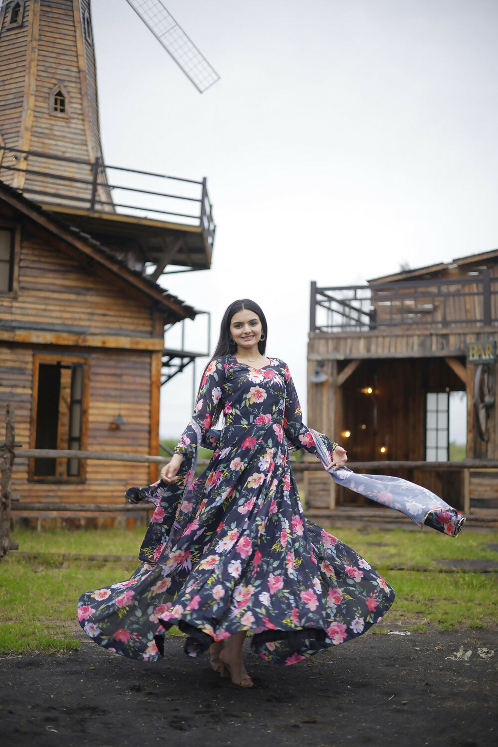 Aayaa Designer Printed Georgette Full Flare Gown With Dupatta - Multi Color - Distacart