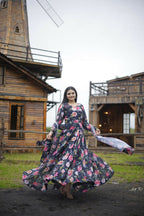 Aayaa Designer Printed Georgette Full Flare Gown With Dupatta - Multi Color - Distacart