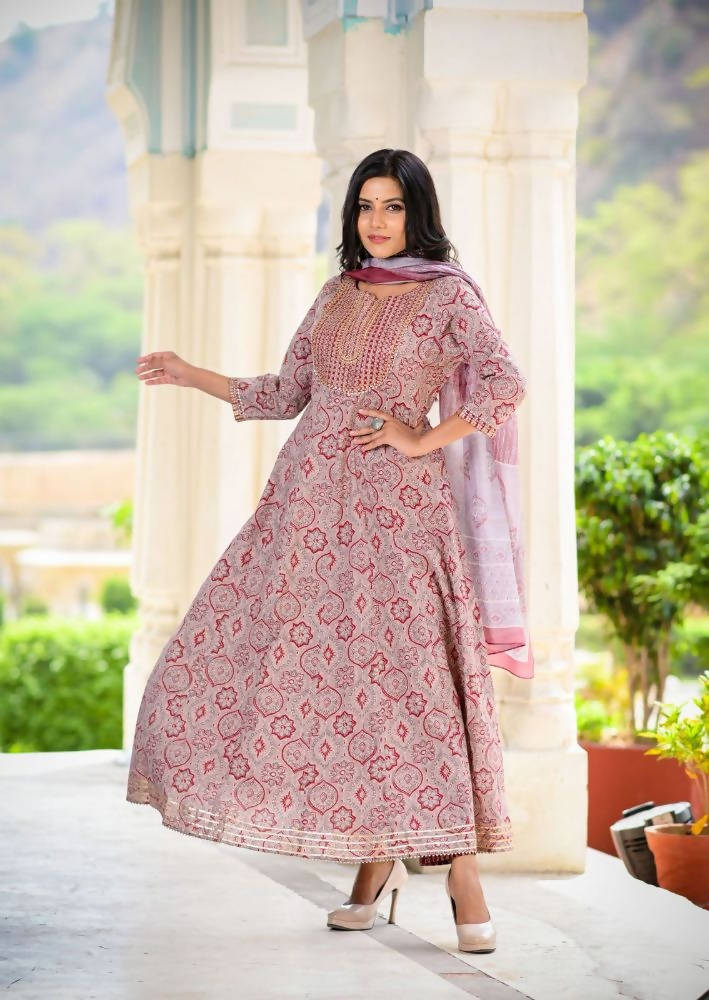 Yufta Women Maroon Printed Kurta with Palazzo and Dupatta