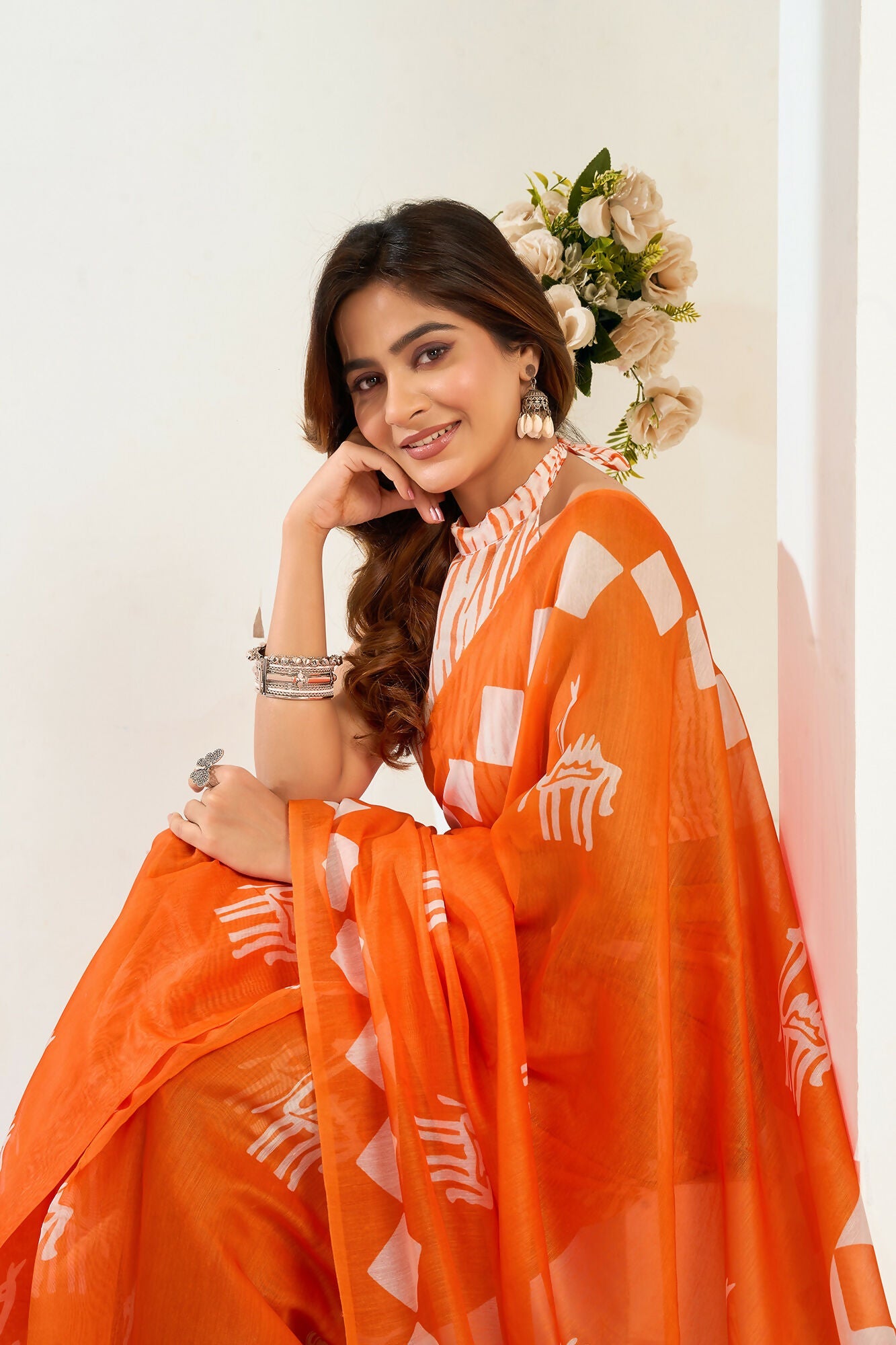 Vastranavya Orange Digital Printed Linen Ready To Wear Designer Saree with Unstitched Blouse - Distacart