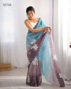 Sky Blue and Grey Crunchy Crush Pedding Color Embroidery Work Party Wear Saree - Zuleika