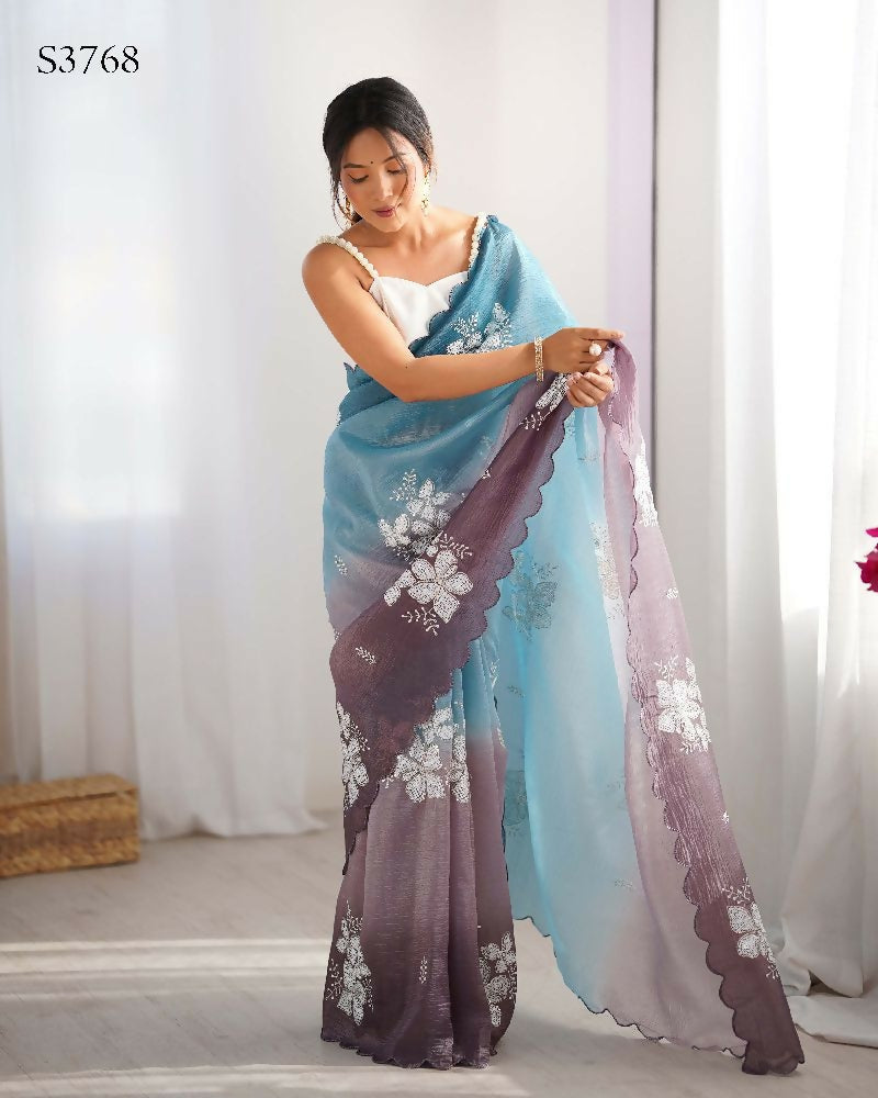 Sky Blue and Grey Crunchy Crush Pedding Color Embroidery Work Party Wear Saree - Zuleika