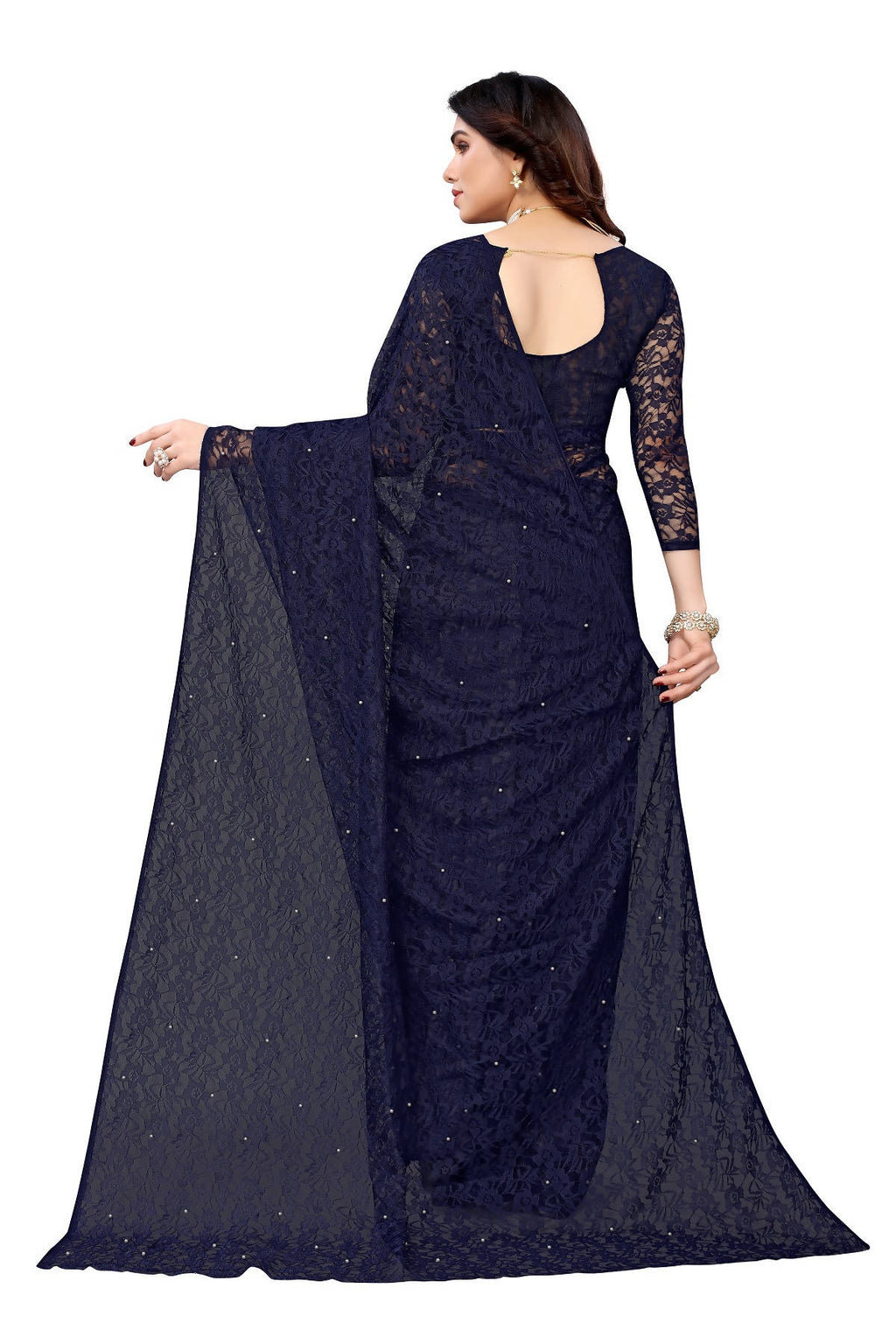 Vamika Ethnic Fire Navy Pearls Net Saree - Distacart