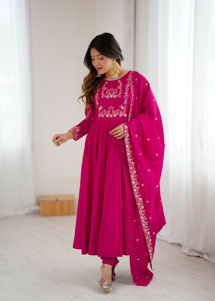 The52 Women's Beautiful Embroidery Work Roman Chanderi Silk Fabric Flared Anarkali Pant and Dupatta Set - Distacart