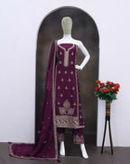 Anaita Dark Purple Chinon Silk Stitched Suit with Embroidery & Sequence Work - Distacart