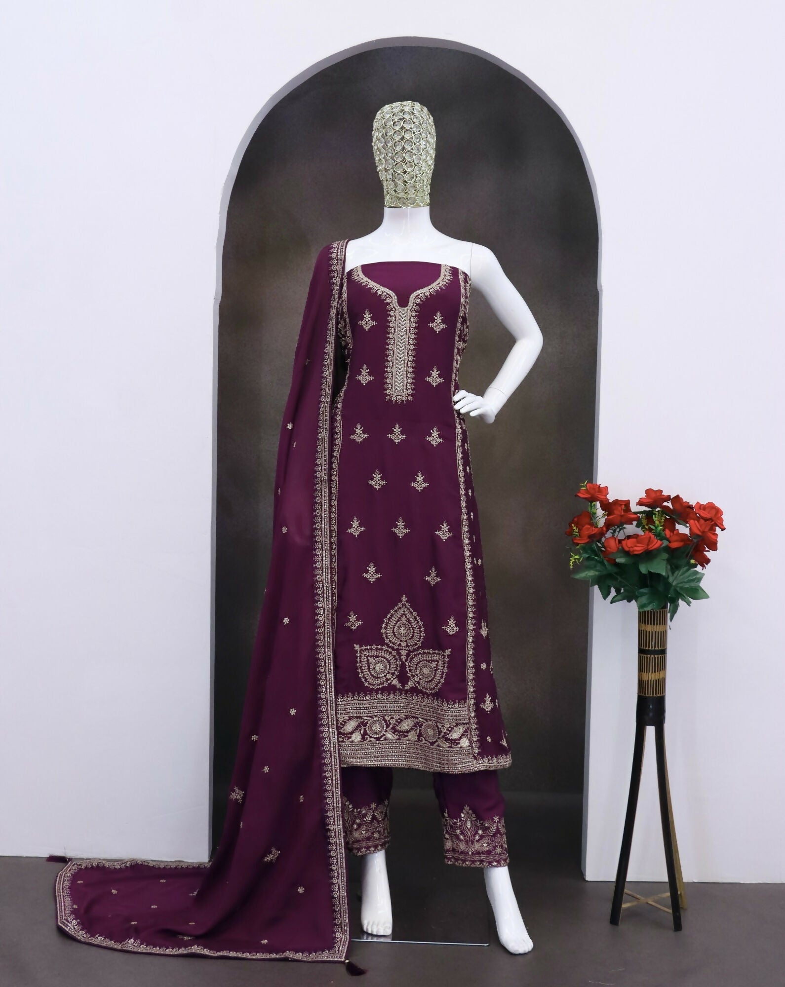 Anaita Dark Purple Chinon Silk Stitched Suit with Embroidery & Sequence Work - Distacart