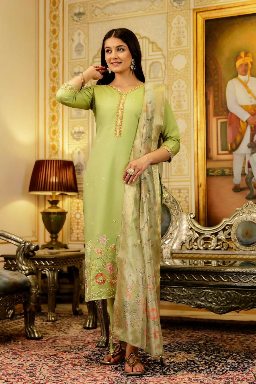 The52 Lemons Women's Beautiful Viscose Shimmer Fabric Embroidered Work Straight Kurta Pant and Dupatta Set - Distacart