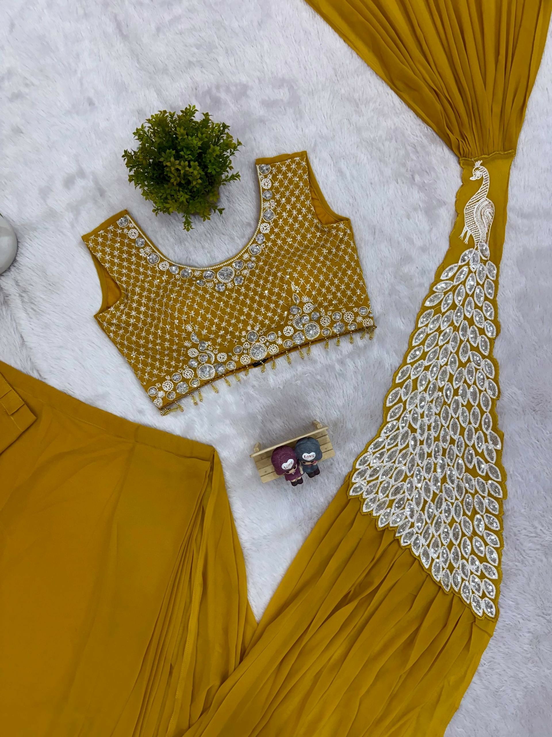 Teeya Creation Yellow Color Faux Georgette Embroidery Work Party Wear Ready To Wear Saree - Distacart