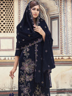 Jyoti Fashion Women's Navy Blue Velvet Resham Thread with Jari & Sequin Kurta with Trouser & Dupatta