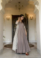 Partywear Designer Digital print Grey Maslin Gown - Anbazaar - Distacart