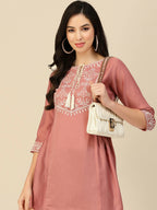 Peach Chinon Slub Floral Embroidered Top - Zeny