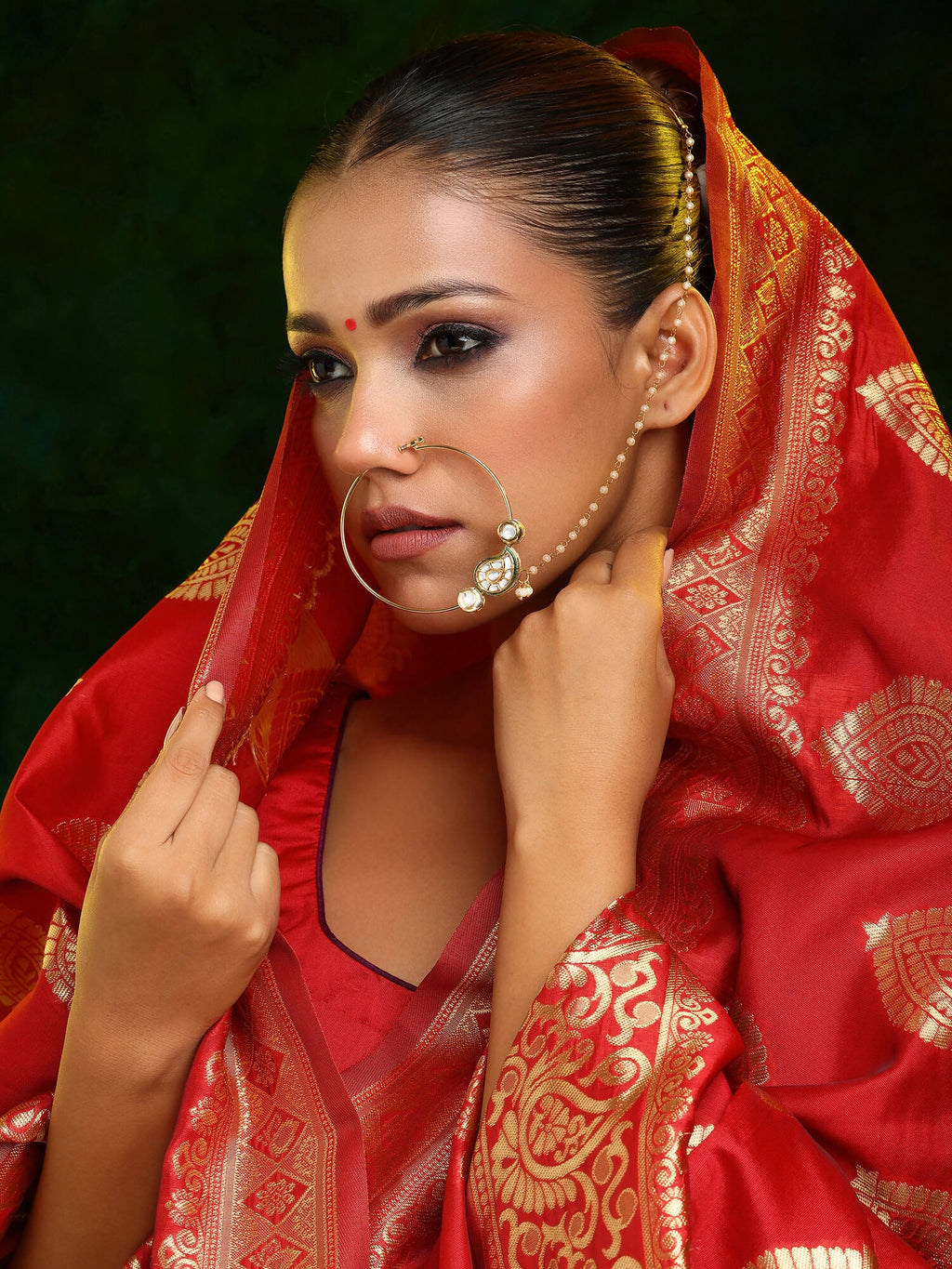 Ruby Raang 22k Gold Polished Kundan Maharani Nose Ring (Clip On)