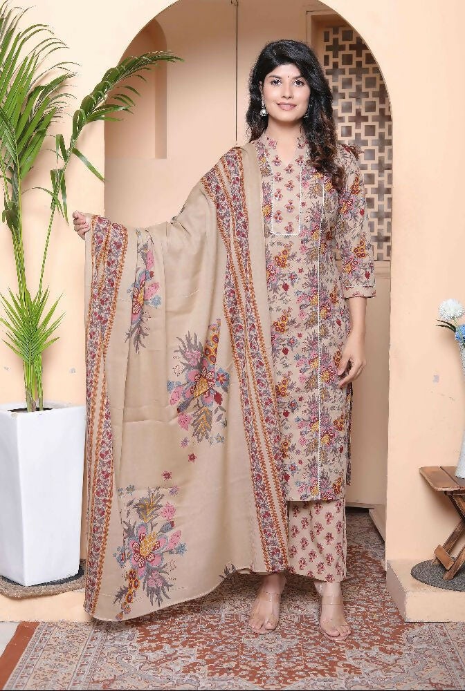 Miravan Womens Multicolor Floral Printed Pure Cotton Kurta And Palazzo With Dupatta Set - Distacart