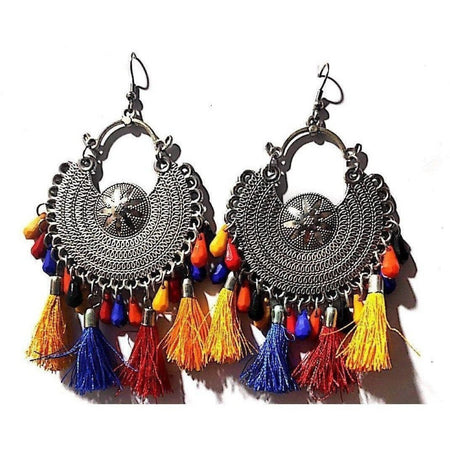 MS Fashion India Heavy Design Silver Toned Chandbali Silk Threads And Beads Multi Colors Earrings