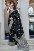 DEIANA'S Beautiful Designer Golden zari Soft Lichi Silk Saree - Black