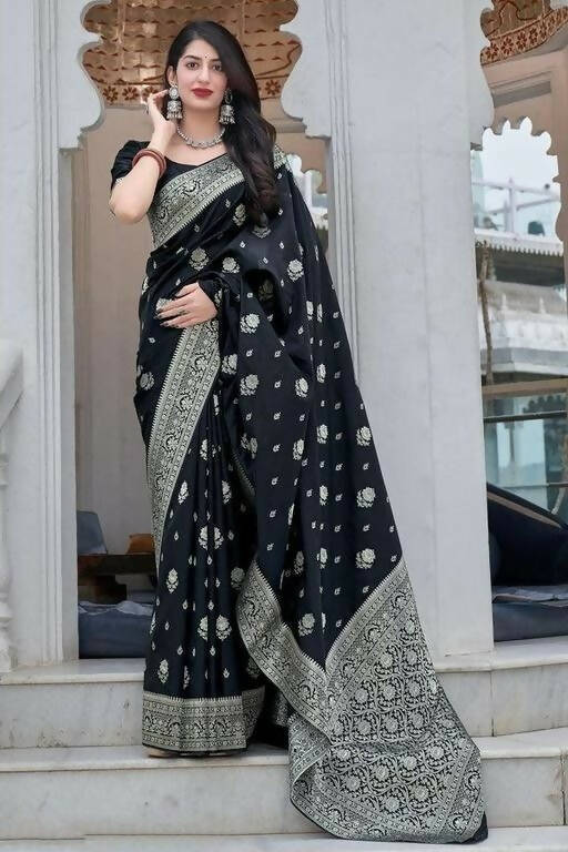 DEIANA'S Beautiful Designer Golden zari Soft Lichi Silk Saree - Black