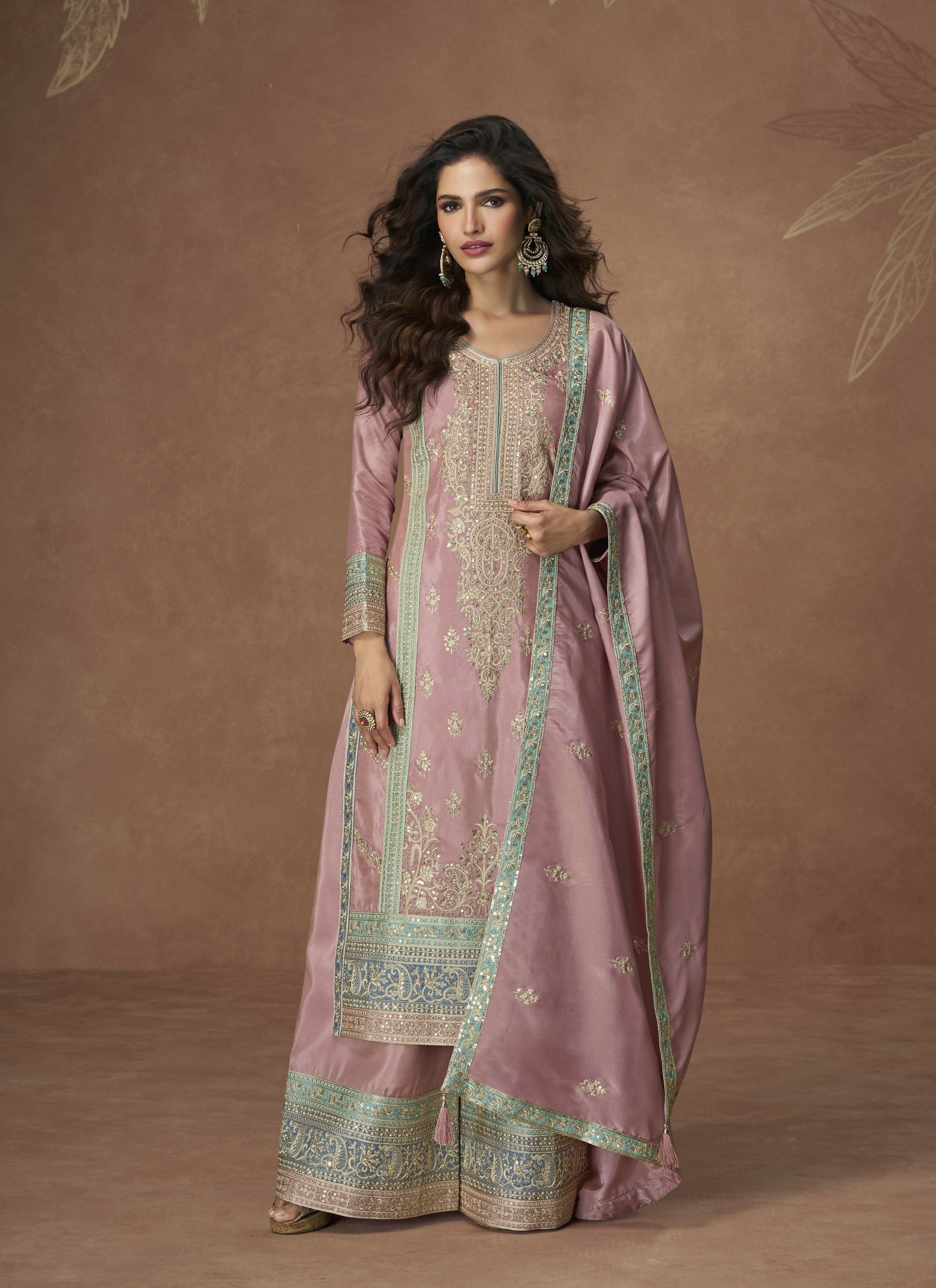 Anaita Pink Chinon Readymade Palazzo Suit with Embroidery Sequence Work - Distacart