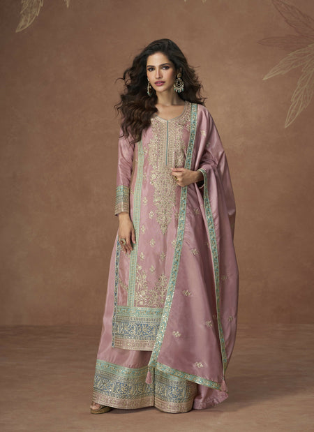 Anaita Pink Chinon Readymade Palazzo Suit with Embroidery Sequence Work