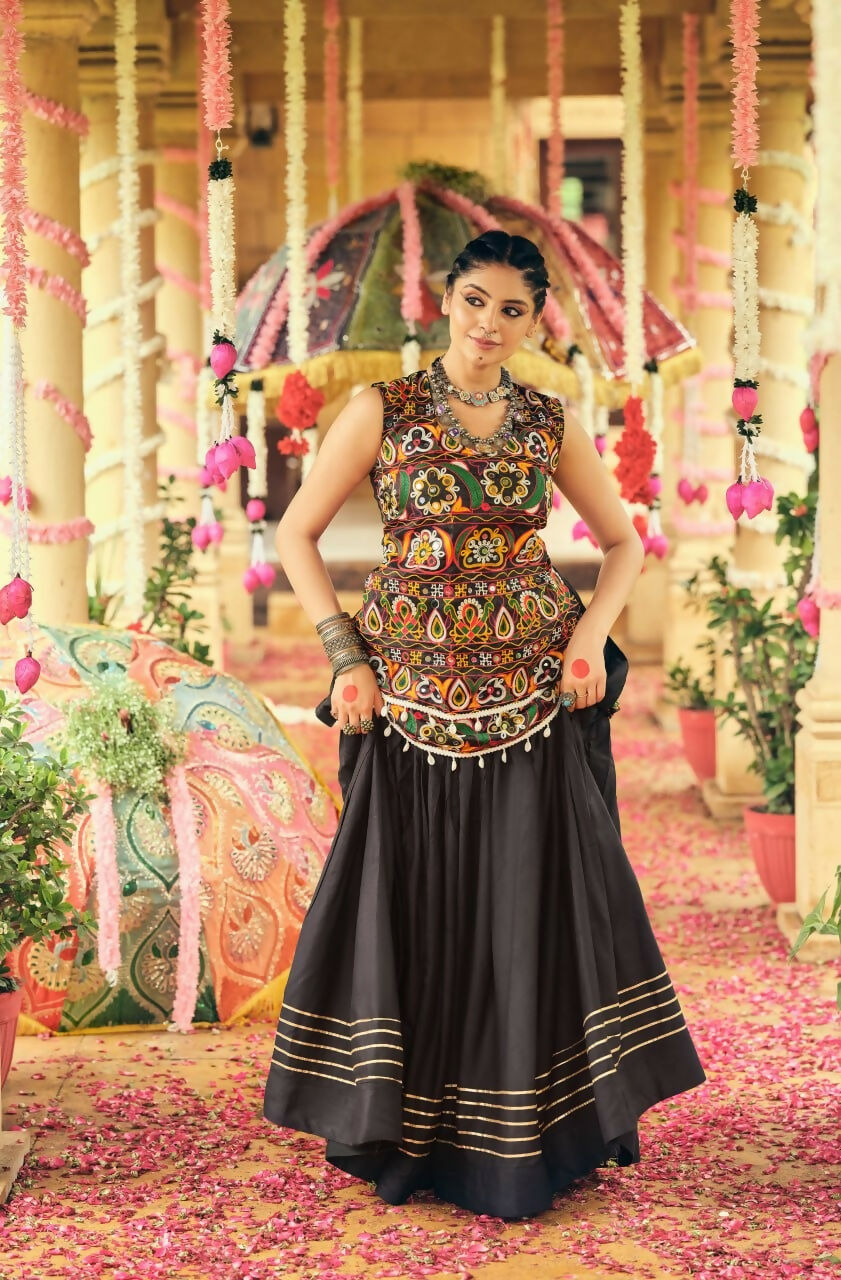 Teeya Creation Black Colour Rayon Silk Embroidery Work Fully Stitched Navratri Lehenga