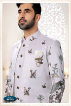 Joban Fashion Men's White Straight Silk Thread And Sequence Embroidery All Over 3 Pc Kurta Set