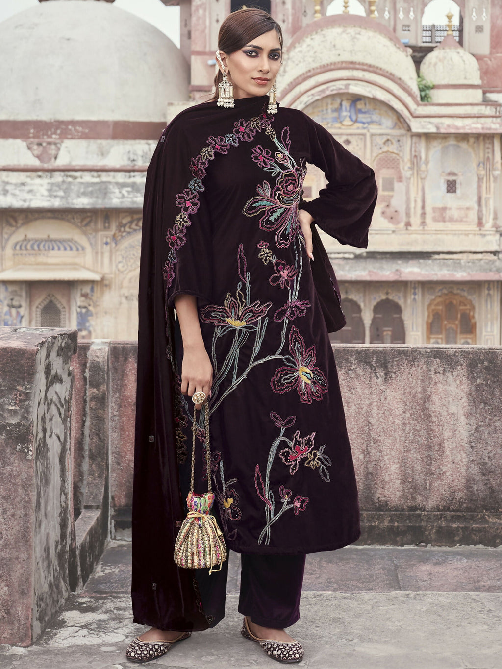 Jyoti Fashion Women's Wine Velvet Resham Thread with Jari & Sequin Kurta with Trouser & Dupatta