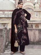 Jyoti Fashion Women's Wine Velvet Resham Thread with Jari & Sequin Kurta with Trouser & Dupatta