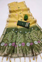 Vastranavya Yellow Muga Cotton Meenakari & Azarakh Pallu Saree with Contrast Blouse - Distacart