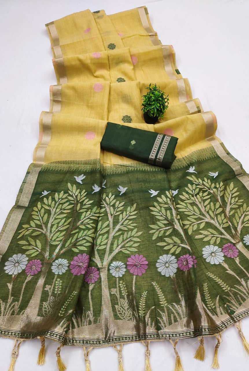 Vastranavya Yellow Muga Cotton Meenakari & Azarakh Pallu Saree with Contrast Blouse - Distacart