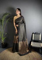 Joban Fashion Black Banarasi Soft Lichi Silk Checks & Woven Saree - Distacart