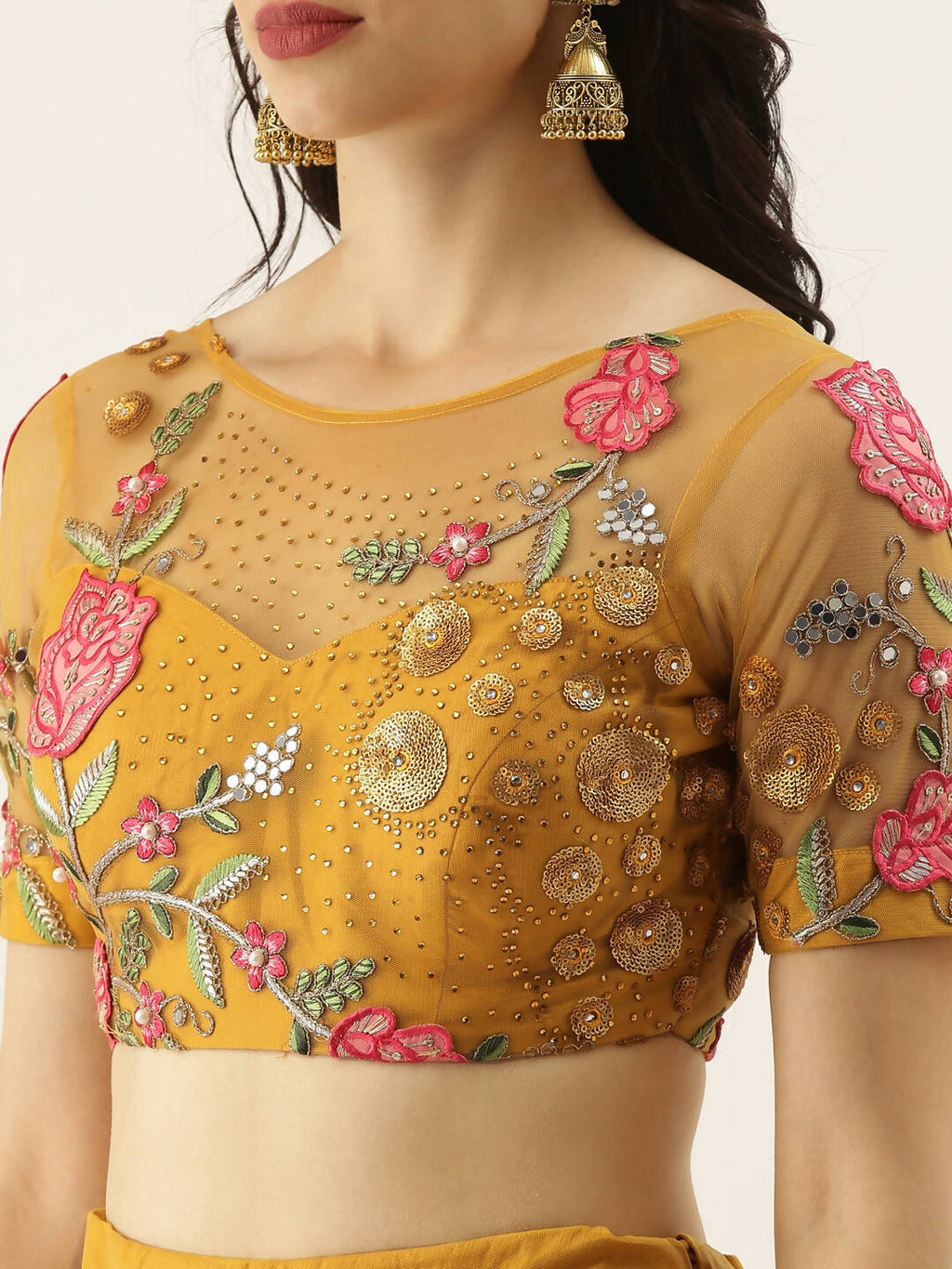 House of Panchhi Mustard Net Semi stitched Coding, Sequins & Saroski Stone Work Lehenga Choli