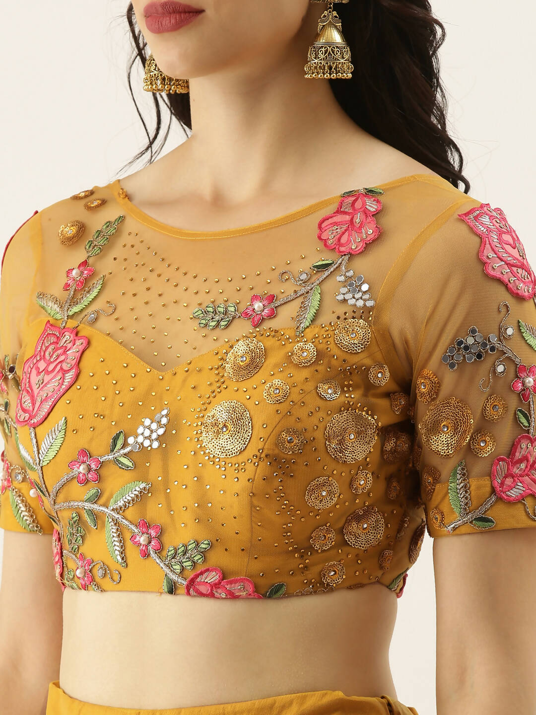House of Panchhi Mustard Net Semi stitched Coding, Sequins & Saroski Stone Work Lehenga Choli