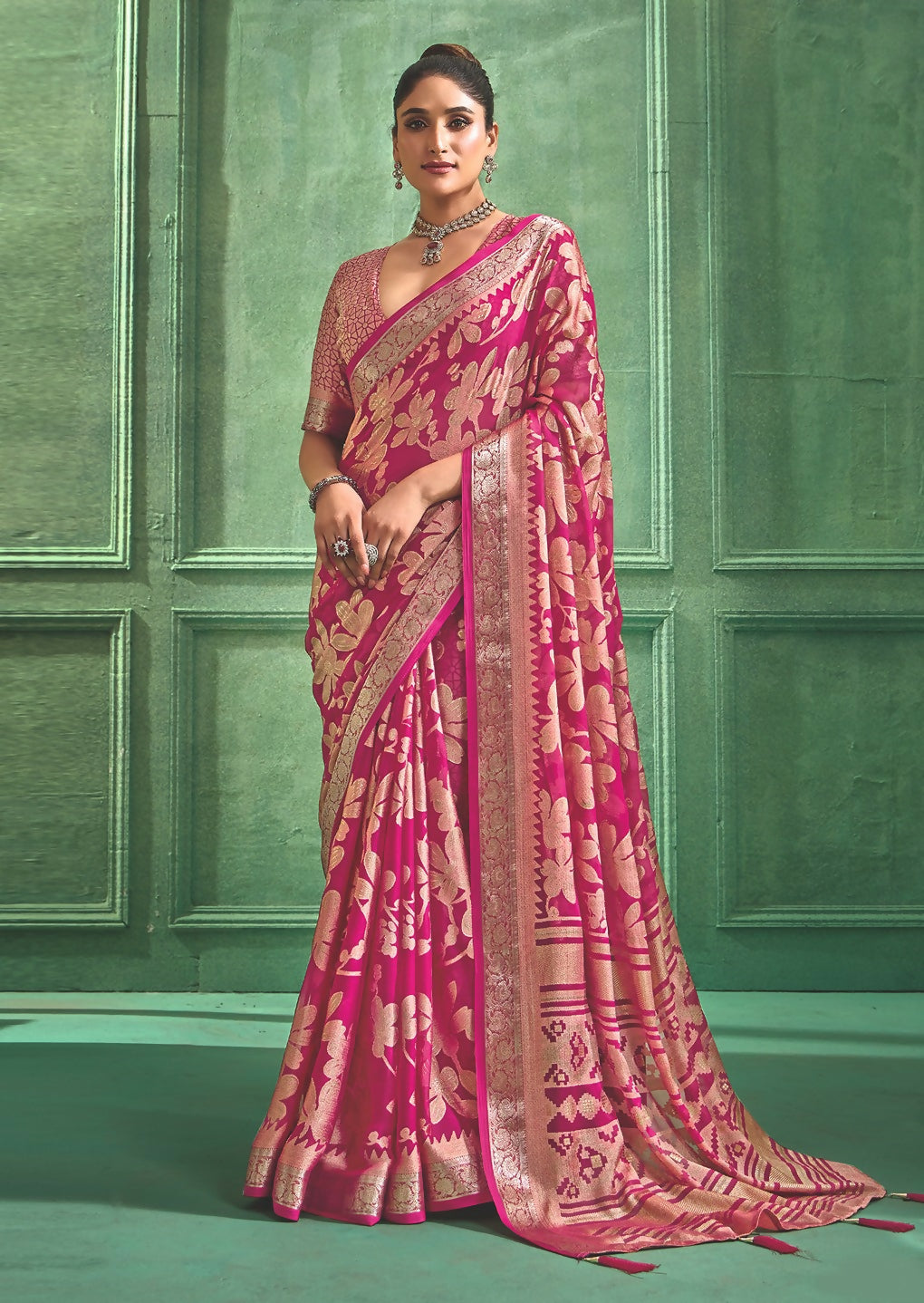 Joban Fashion Pinkdull Moss Brasso With Kasab Zari Border Saree & Tassels With Brasso Blouse - Distacart