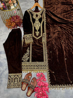 Teeya Creation Coffee Color Velvet Fabric Designer Embroidery Work Suit - Distacart