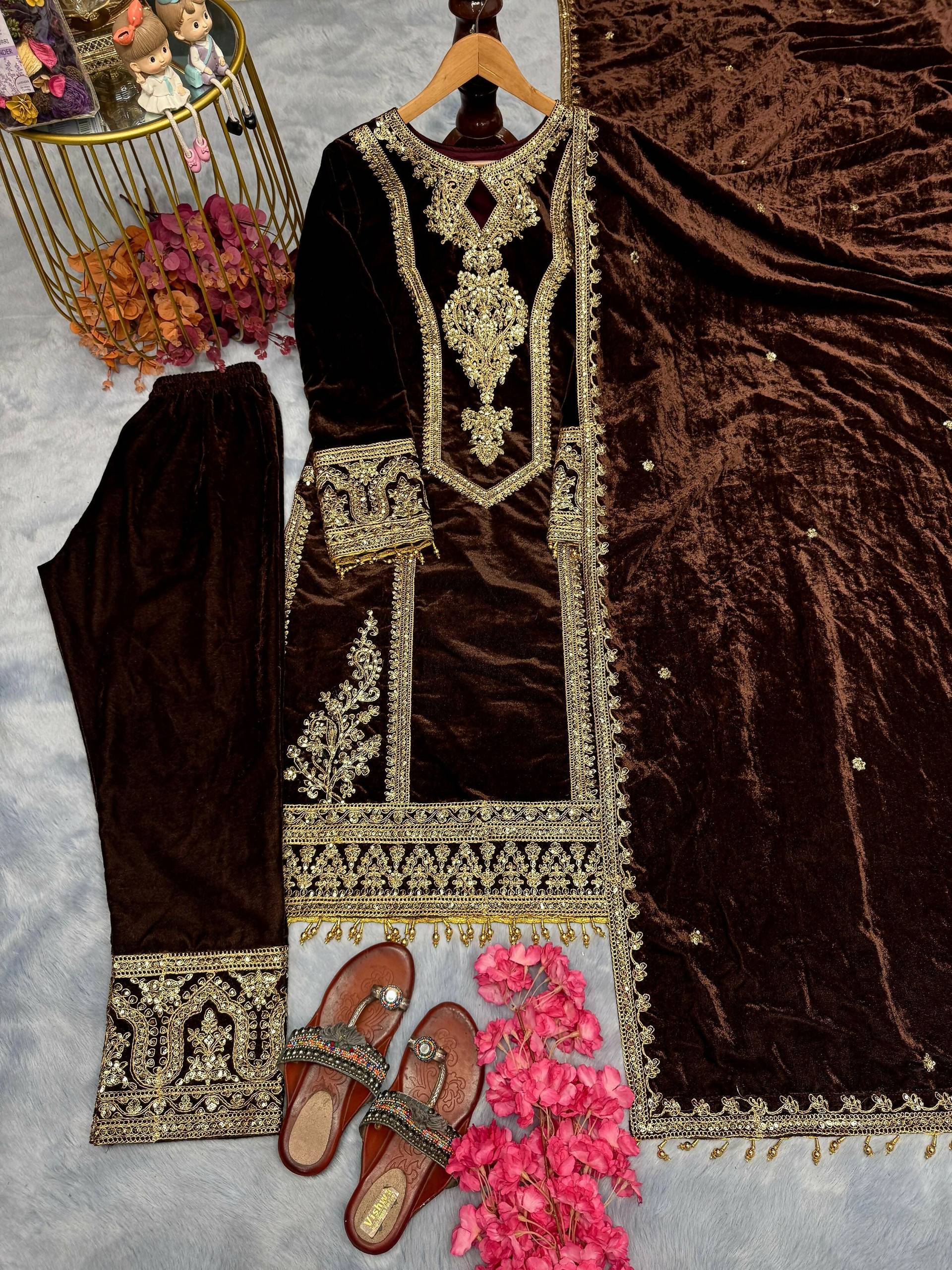 Teeya Creation Coffee Color Velvet Fabric Designer Embroidery Work Suit - Distacart