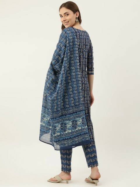 FIORRA Women's Blue Cotton Straight Kurta Pant With Dupatta