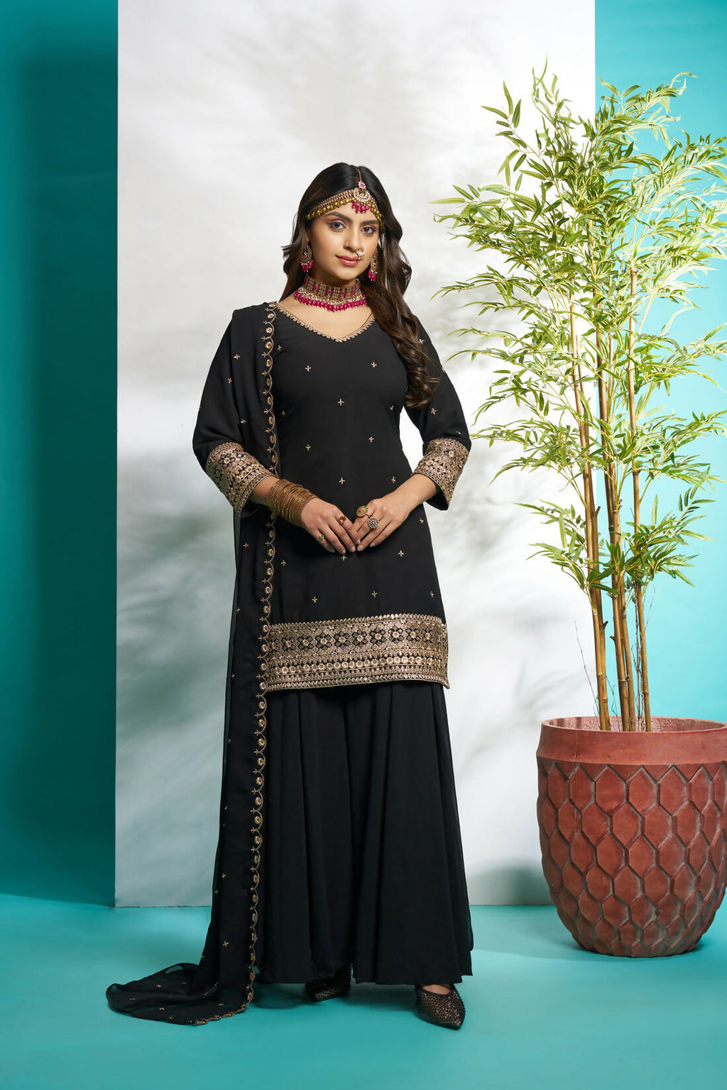 Aayaa Designer Faux Gorgette Embroidery Zari Sequins Thread work Full Flaired plazzo Suit with Dupatta - Black