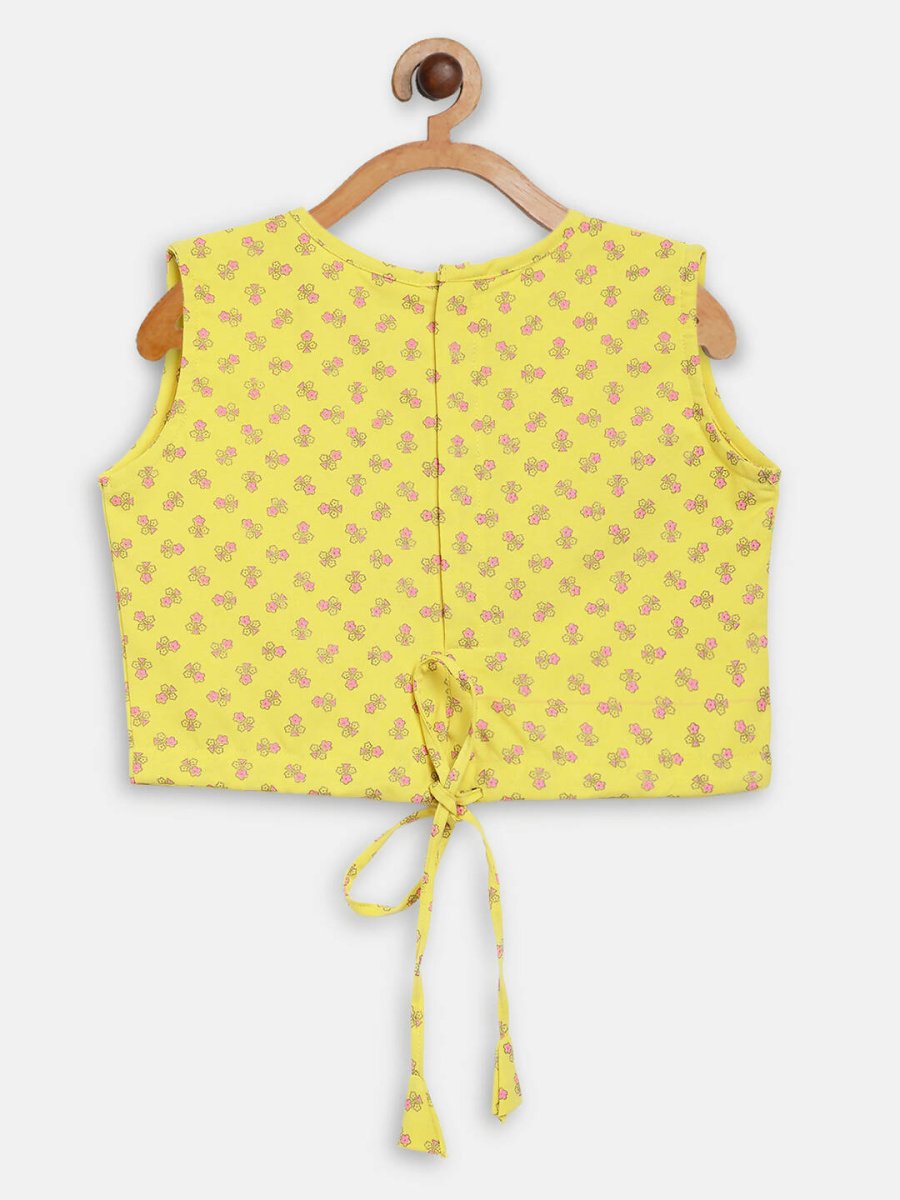 Ahalyaa Yellow Viscose Rayon Printed Kids Top & Palazzo Sets With Jacket For Girls