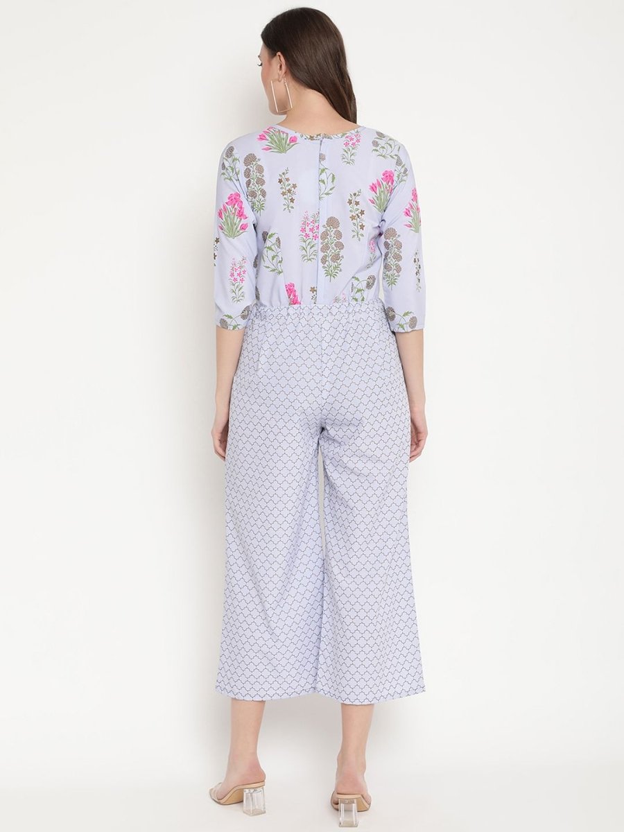 Ahalyaa Womens Blue Crepe Printed Jumpsuit