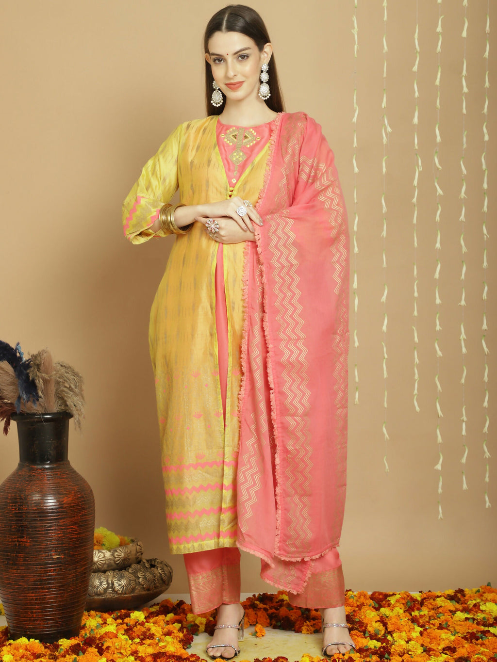 Jyoti Fashion Women's Yellow Chanderi Silk Elegant Jardoshi Semi Kurta with Trouser & Dupatta