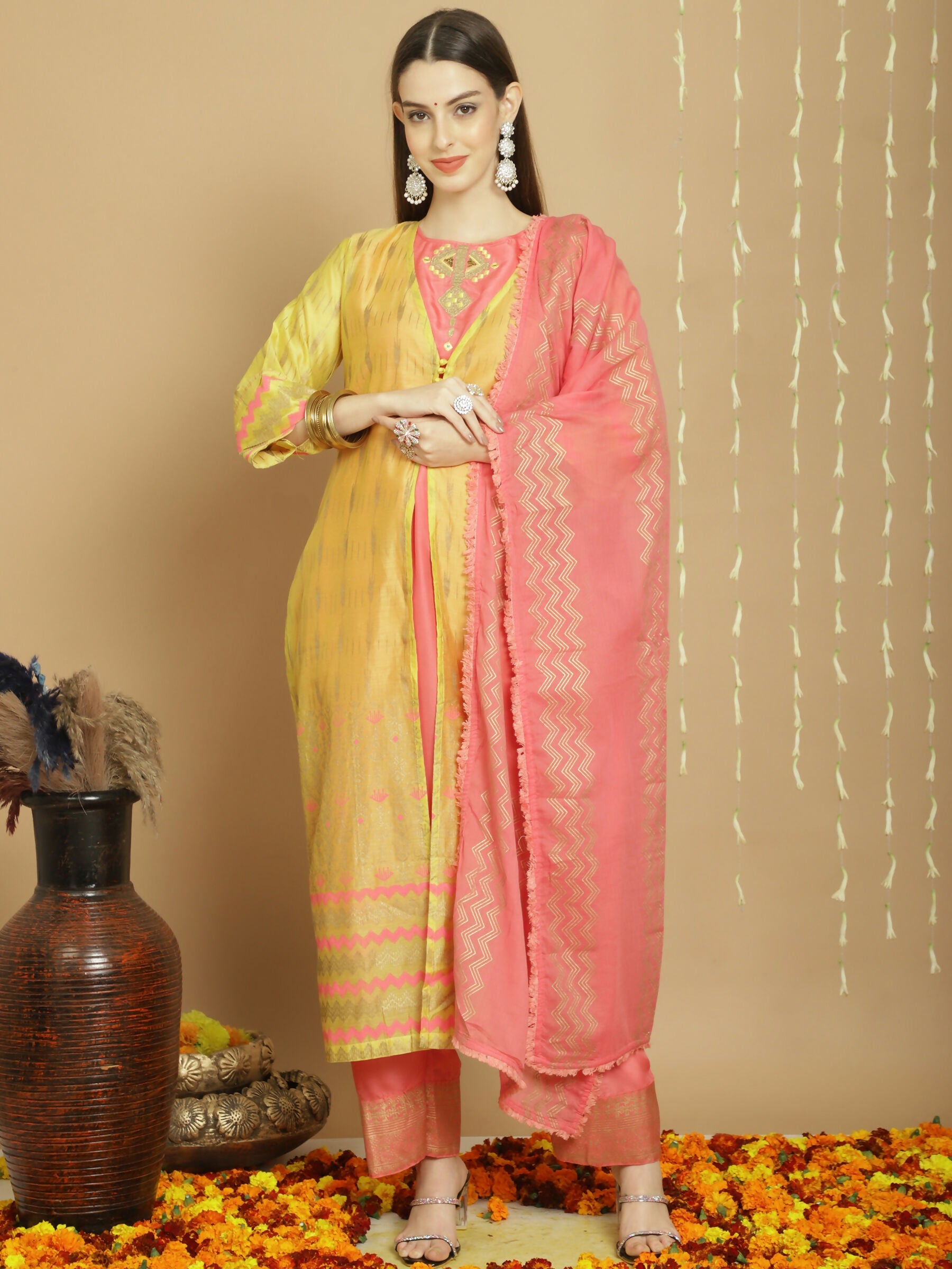 Jyoti Fashion Women's Yellow Chanderi Silk Elegant Jardoshi Semi Kurta with Trouser & Dupatta
