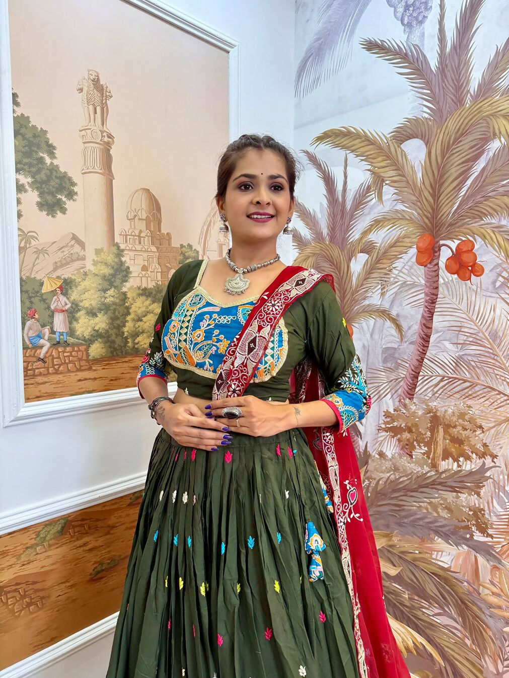 Teeya Creation Green Colour Rayon Silk Embroidery Work Fully Stitched Navratri Lehenga