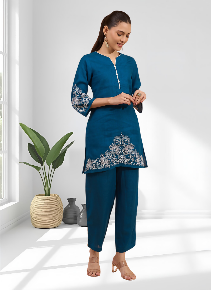 Joban Fashion Teal Linen Embroidered Readymade Cord Set - Distacart