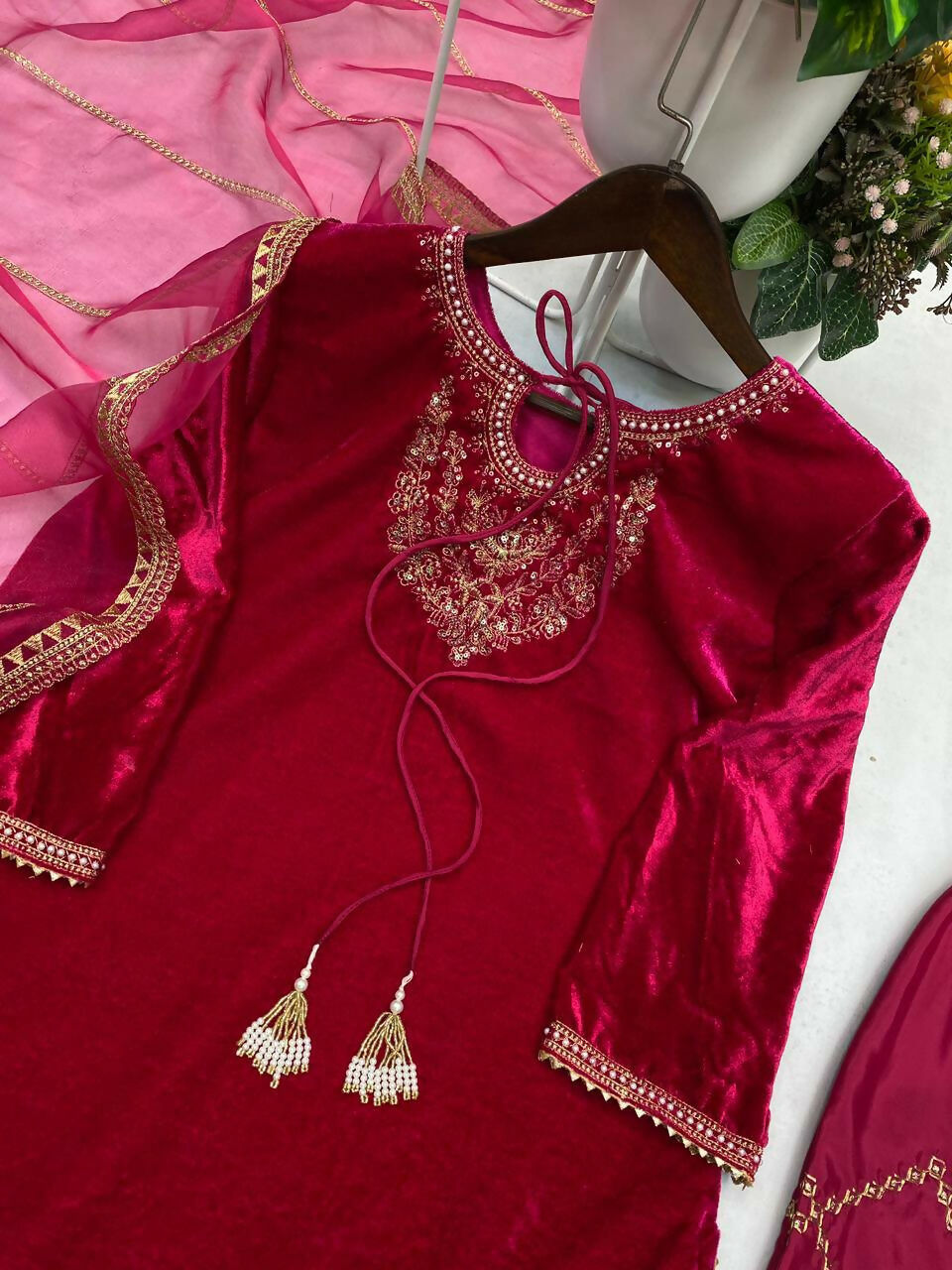 Vastranavya Pink Velvet Sequence Embroidery Work Kurta & Bottom With Dupatta - Distacart
