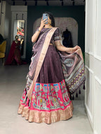 Vastranavya Kalamkari Print With Weaving Border Lehenga with Unstitched Blouse - Burgundy